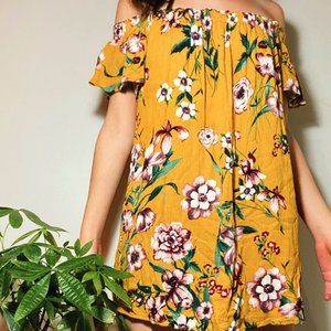 Flowy mustart floral off shoulder dress.
